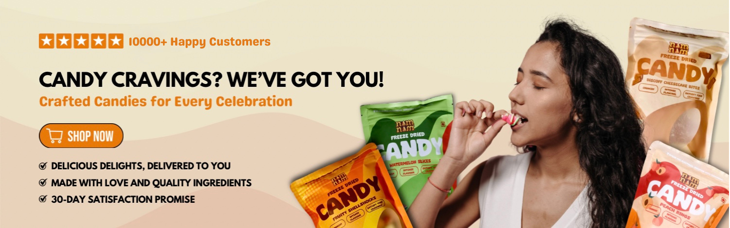 Woman eating candy with candy packages displayed, promotional text about candy cravings.