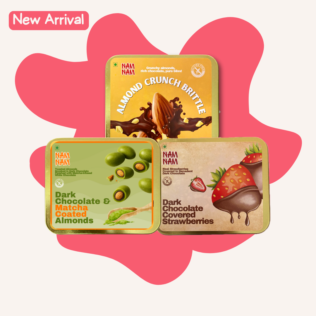 Three packages of NAN NAM chocolate products on a pink background