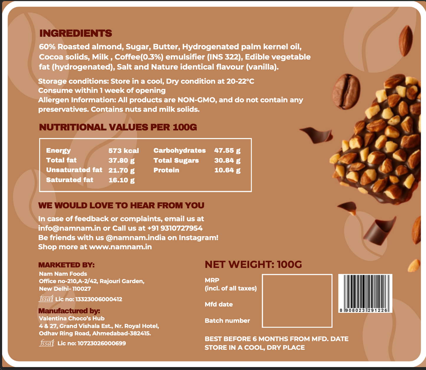Mocha Almond Brittle (Made with 60 % Almonds)