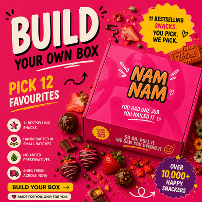 Promotional graphic for a customizable snack box. A bright pink box labeled 'NAM NAM' is shown surrounded by assorted snacks including chocolate-covered strawberries, pretzels, and dried fruits.