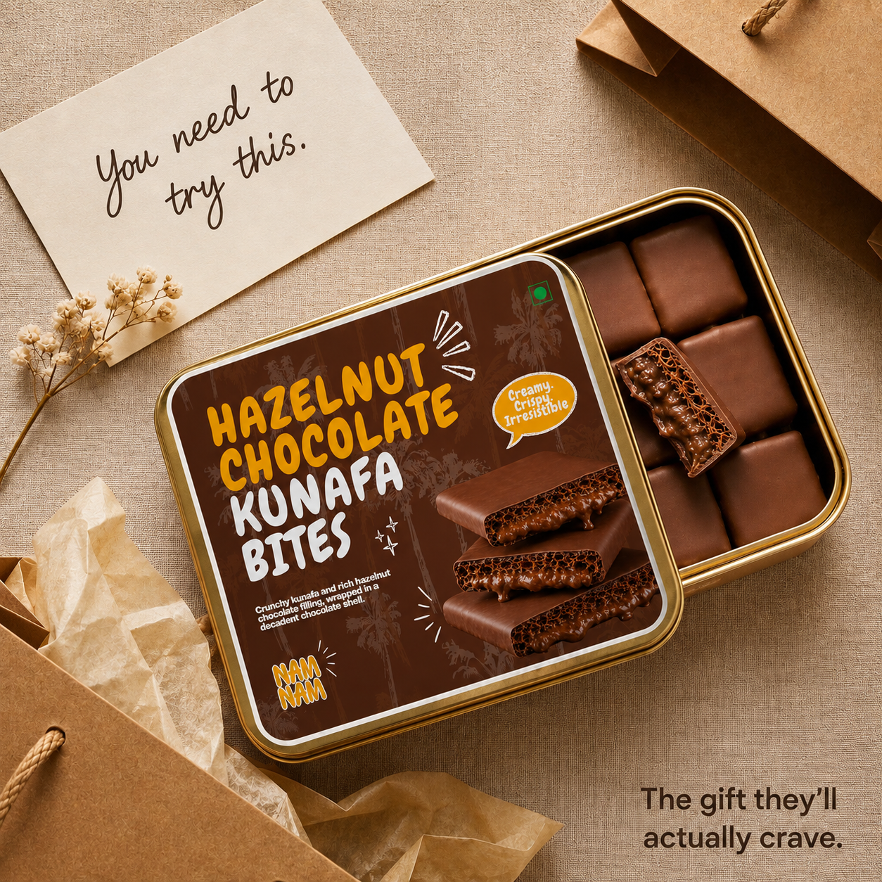 Dubai Chocolate Hazelnut Kunafa Bites(Belgian Couverture)
