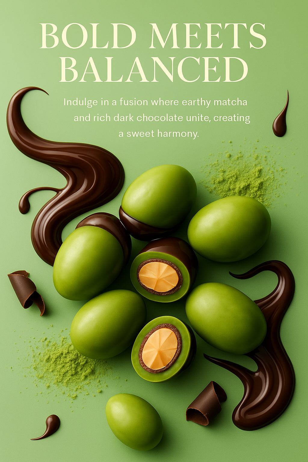 Dark Chocolate & Matcha Coated Almonds-Dipped In Belgian Couverture