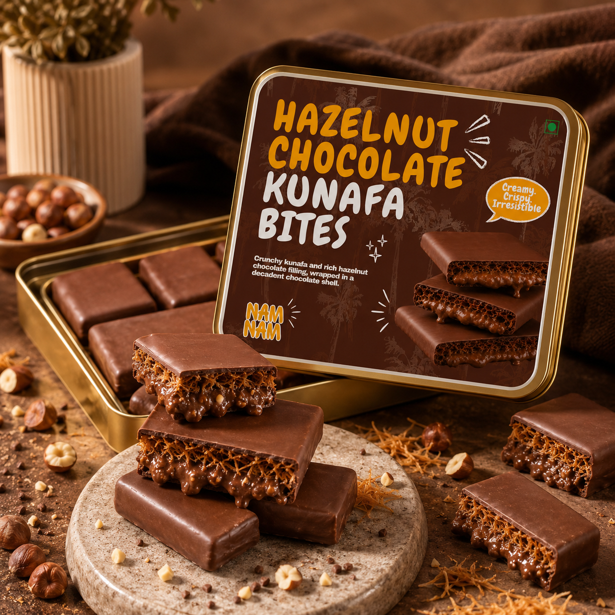 Dubai Chocolate Hazelnut Kunafa Bites(Belgian Couverture)