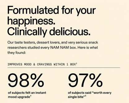 An informational graphic with a cream background and large black text reading 'Formulated for your happiness. Clinically delicious.